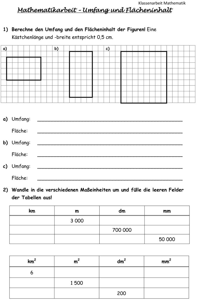 Klassenarbeit zu Umfang- Volumen- und Flächenberechnung