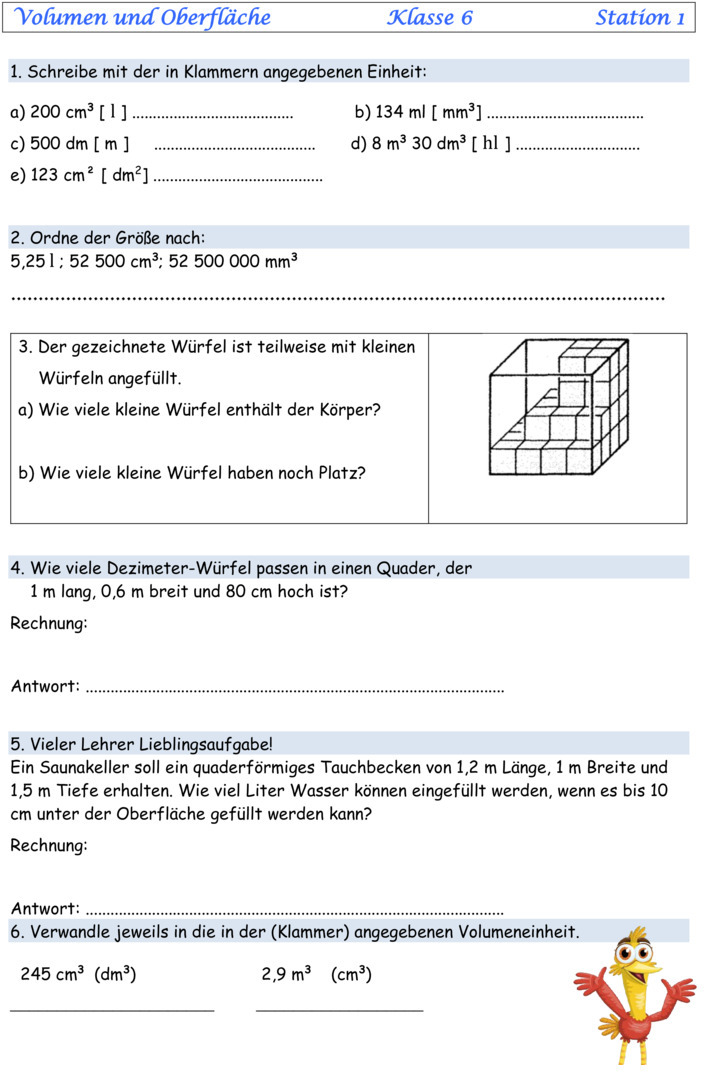 Übungsblatt zu Flächen und Volumen