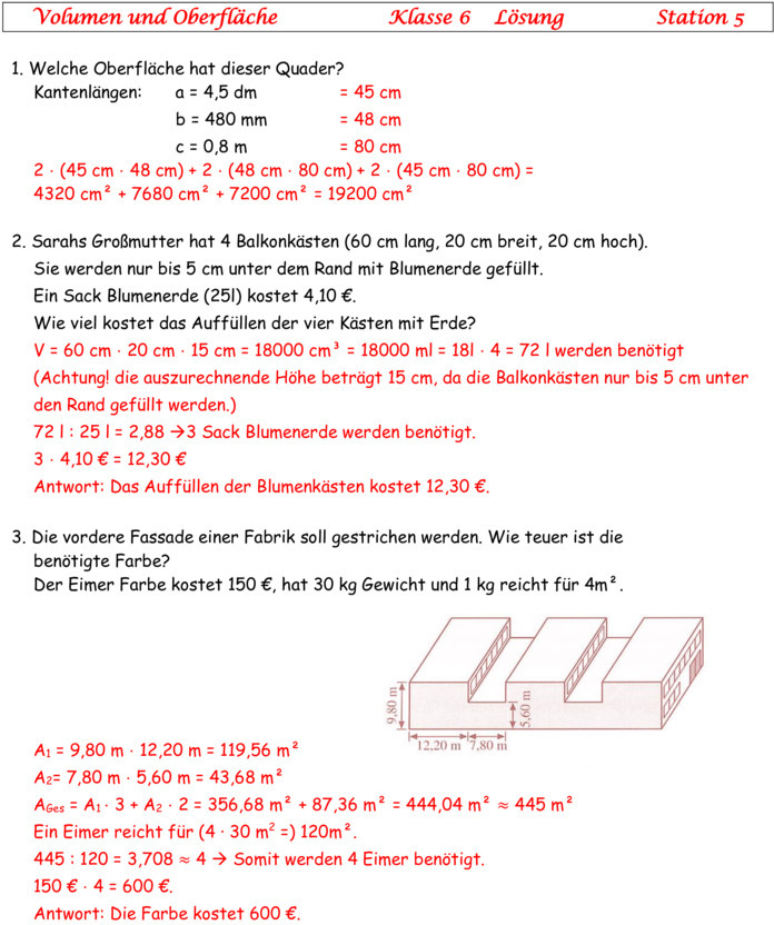 Übungsblatt zu Flächen und Volumen