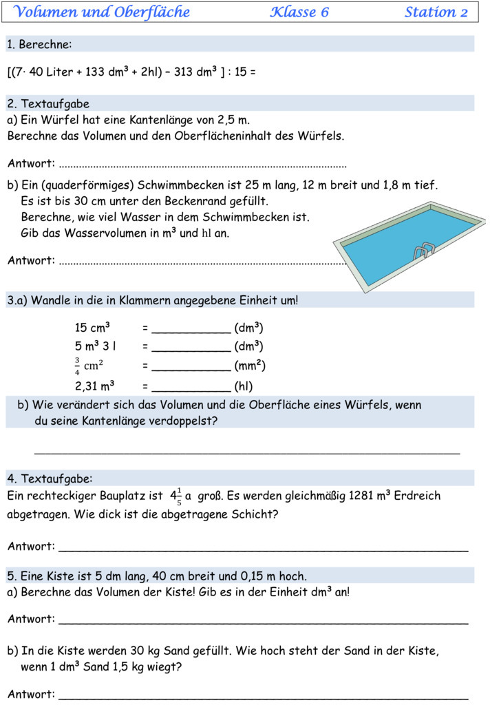 Übungsblatt zu Flächen und Volumen