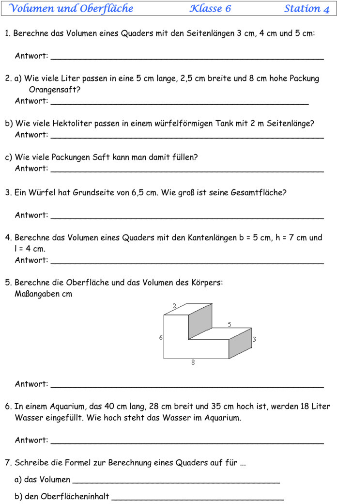 Übungsblatt zu Flächen und Volumen