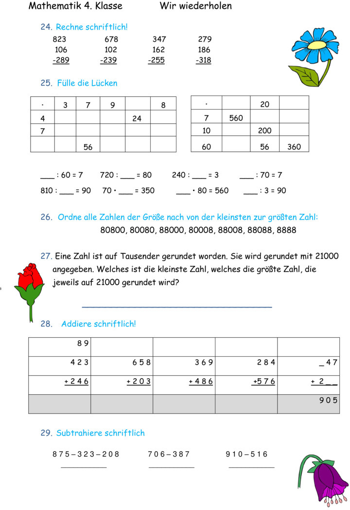 Übungsblatt zu 1. Halbjahr gemischt [Mathe 4. Klasse]