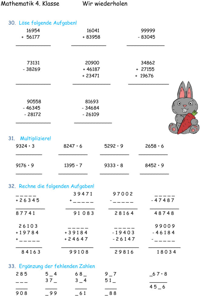 Übungsblatt zu 1. Halbjahr gemischt [Mathe 4. Klasse]
