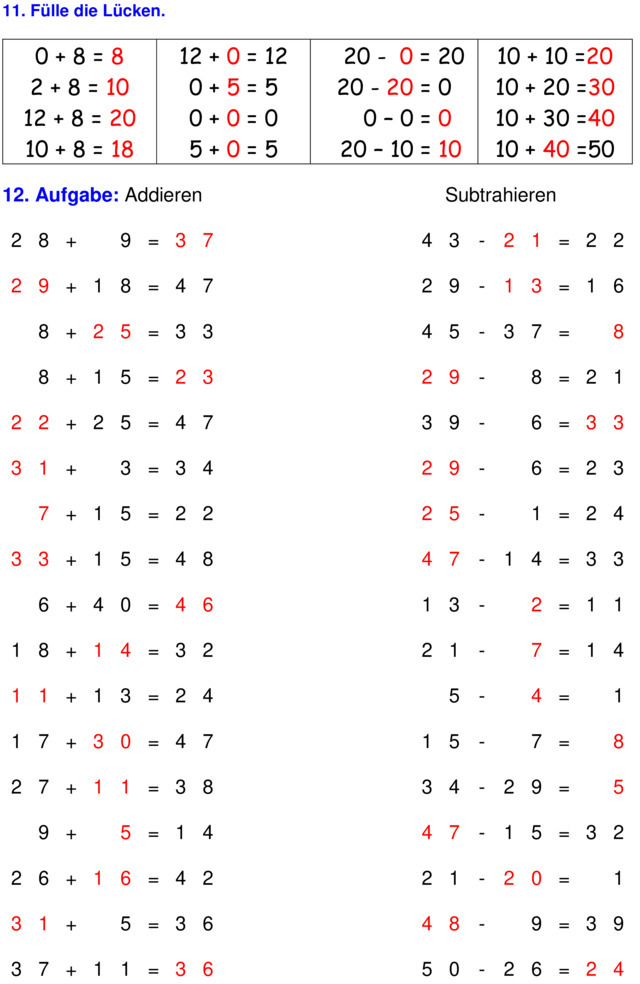 Übungsblatt zu Rechnen bis 20