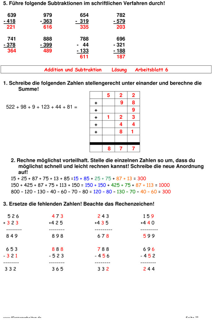  bungsblatt zu addition und subtraktion bis 1000