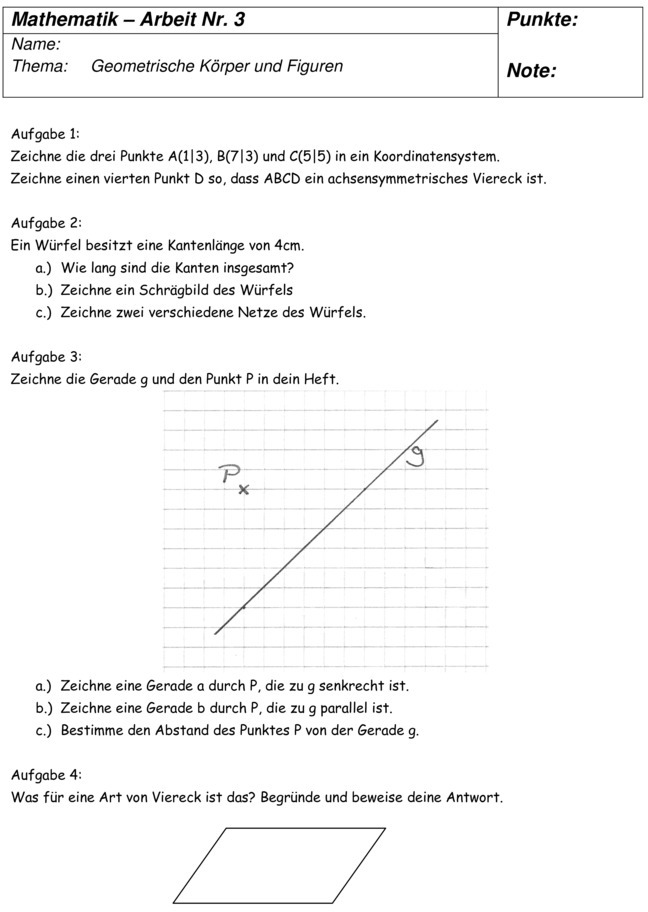 Klassenarbeit zu Geometrie