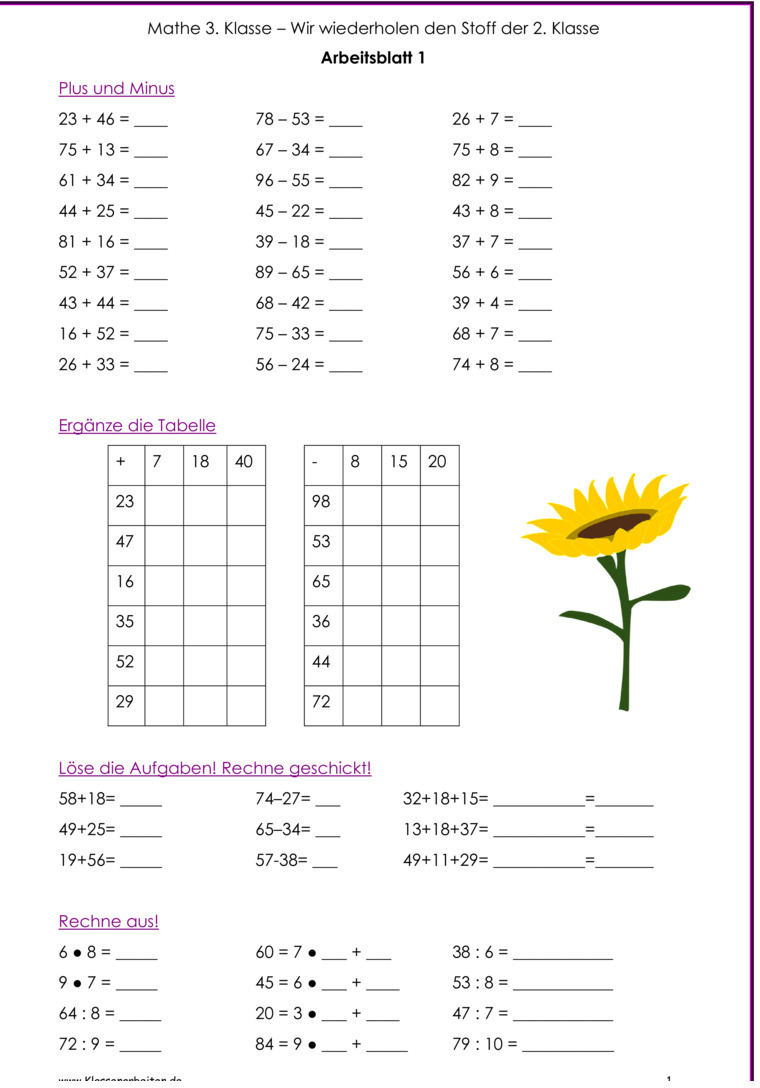 Klassenarbeit zu 1. Halbjahr gemischt [Mathe 3. Klasse]