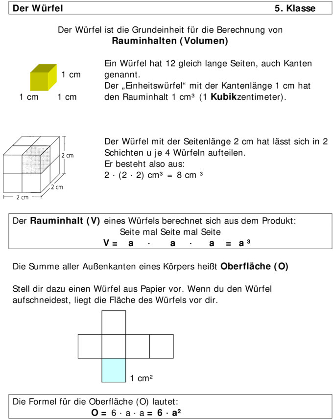 Übungsblatt zu Umfang- Volumen- und Flächenberechnung