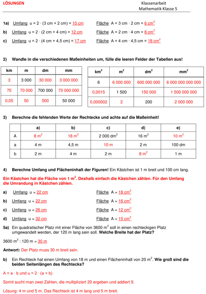 Klassenarbeit zu Umfang- Volumen- und Flächenberechnung