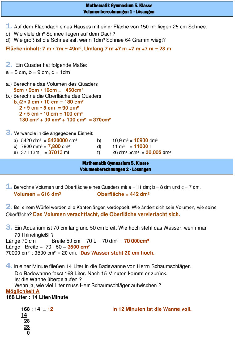 Übungsblatt zu Umfang- Volumen- und Flächenberechnung