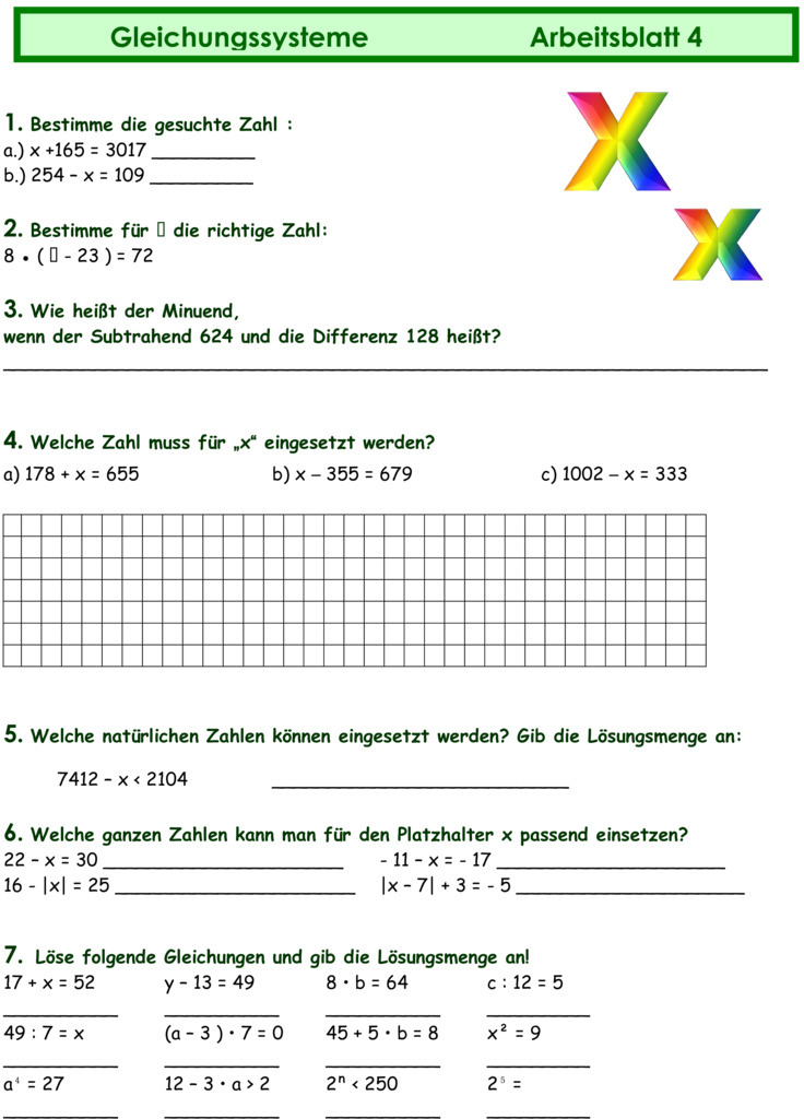 Mathematik Klasse 7 Gymnasium Terme Und Gleichungen Übungsblatt zu Gleichungen und Terme