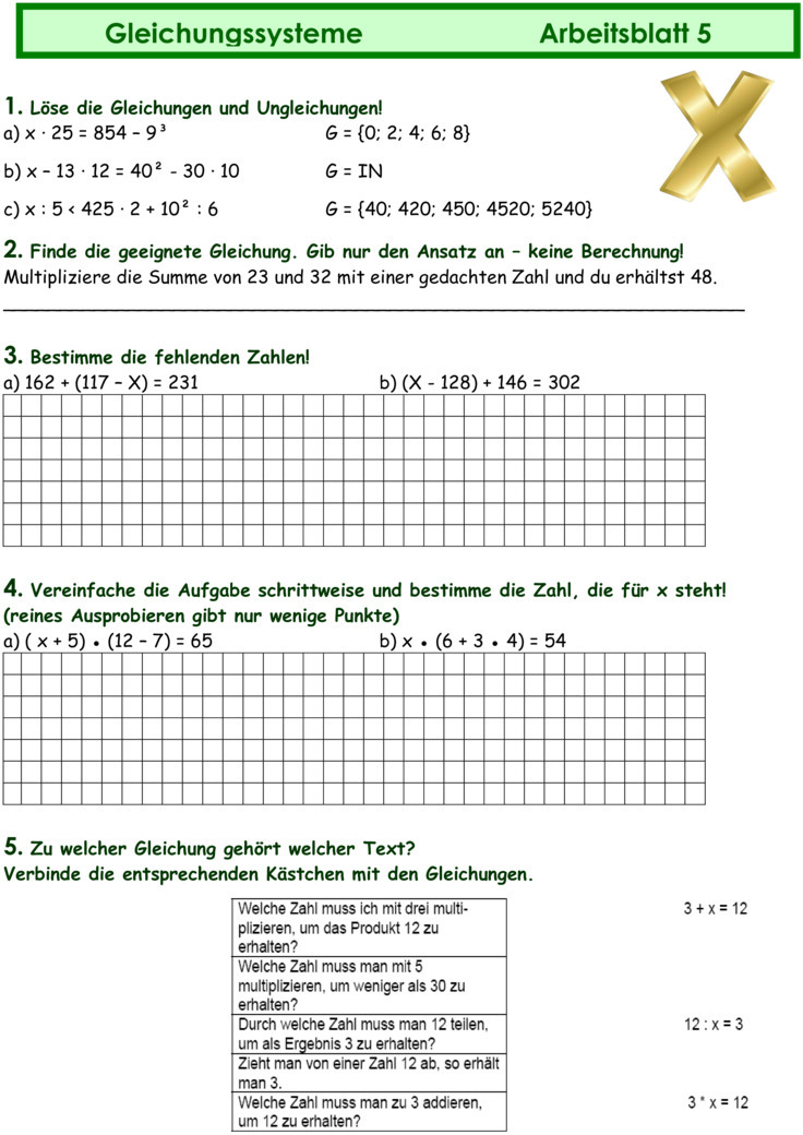 Übungsblatt zu Gleichungen und Terme