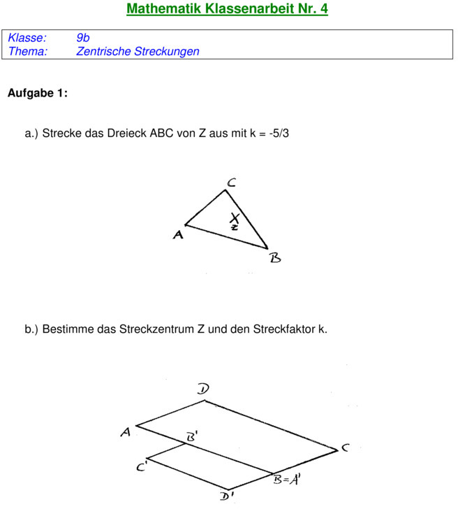 Zentrische Streckung Aufgaben Mit Lösungen Pdf Klassenarbeit zu Zentrische Streckung