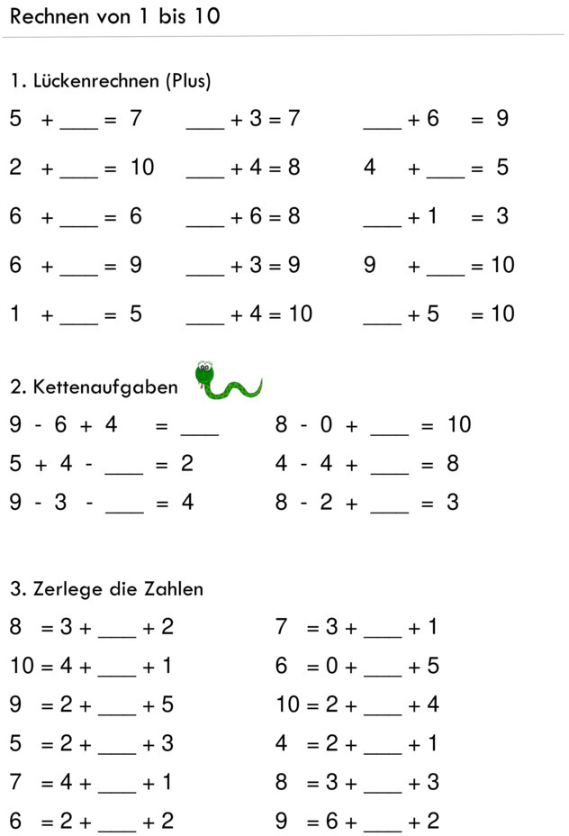 Übungsblatt zu Rechnen von 1 bis 10