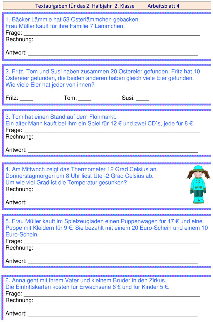 Übungsblatt zu Textaufgaben [Mathe 2. Klasse]