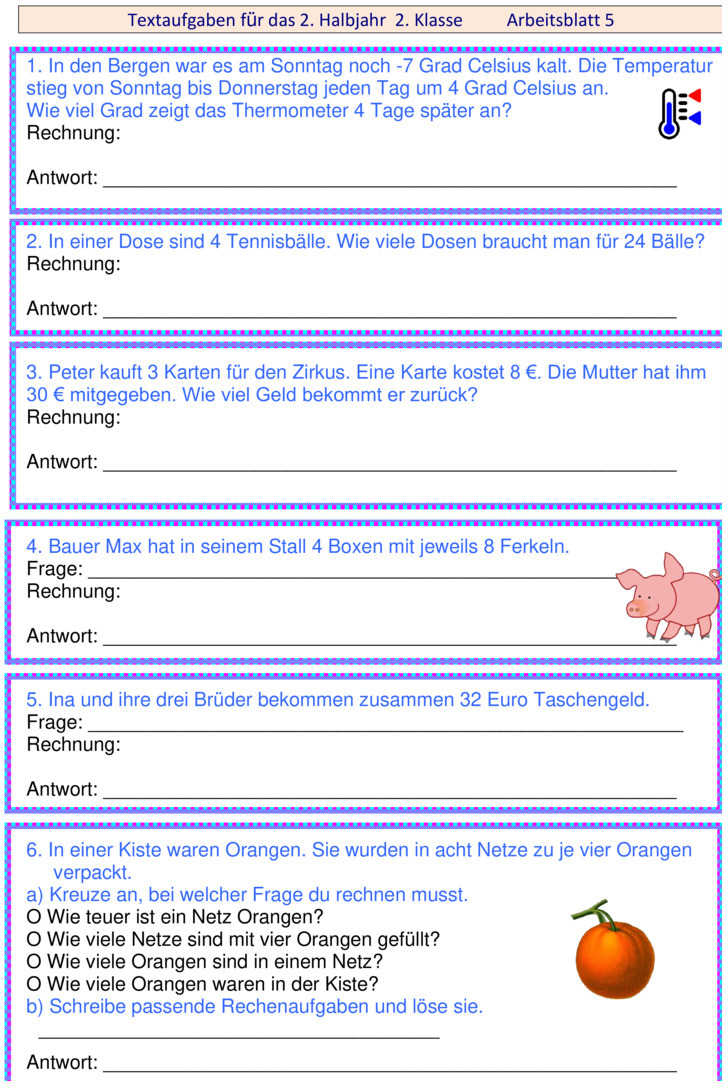 Übungsblatt zu Textaufgaben [Mathe 2. Klasse]