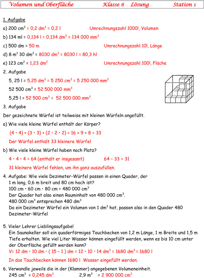 Übungsblatt zu Flächen und Volumen