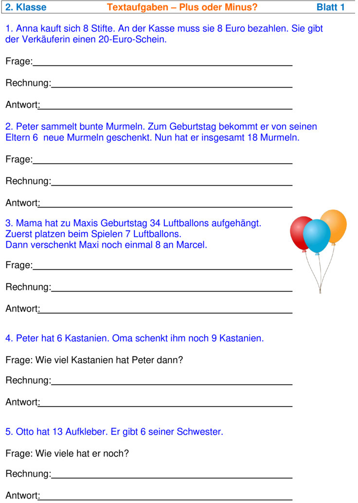 Übungsblatt zu Textaufgaben [Mathe 2. Klasse]