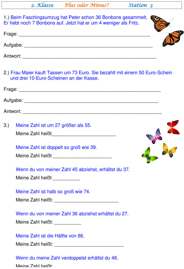 Übungsblatt zu Textaufgaben [Mathe 2. Klasse]