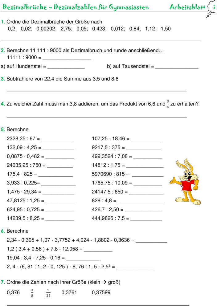 Übungsblatt zu Dezimalzahlen