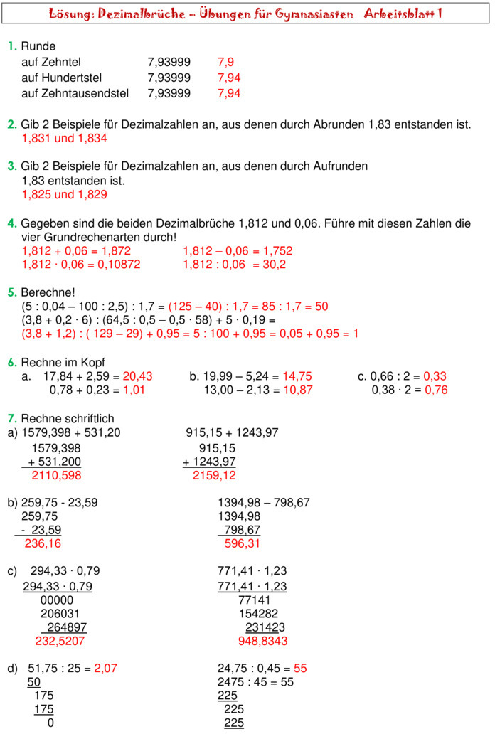 Dezimalzahlen Dividieren übungen Mit Lösungen Pdf Übungsblatt zu Dezimalzahlen
