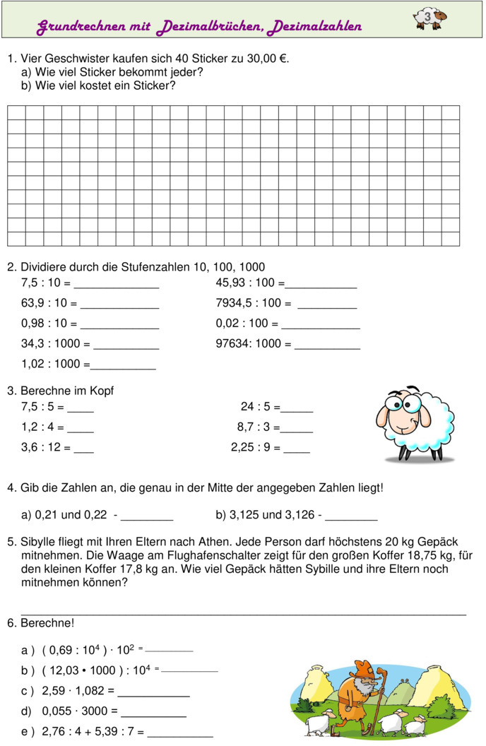 Übungsblatt zu Dezimalzahlen