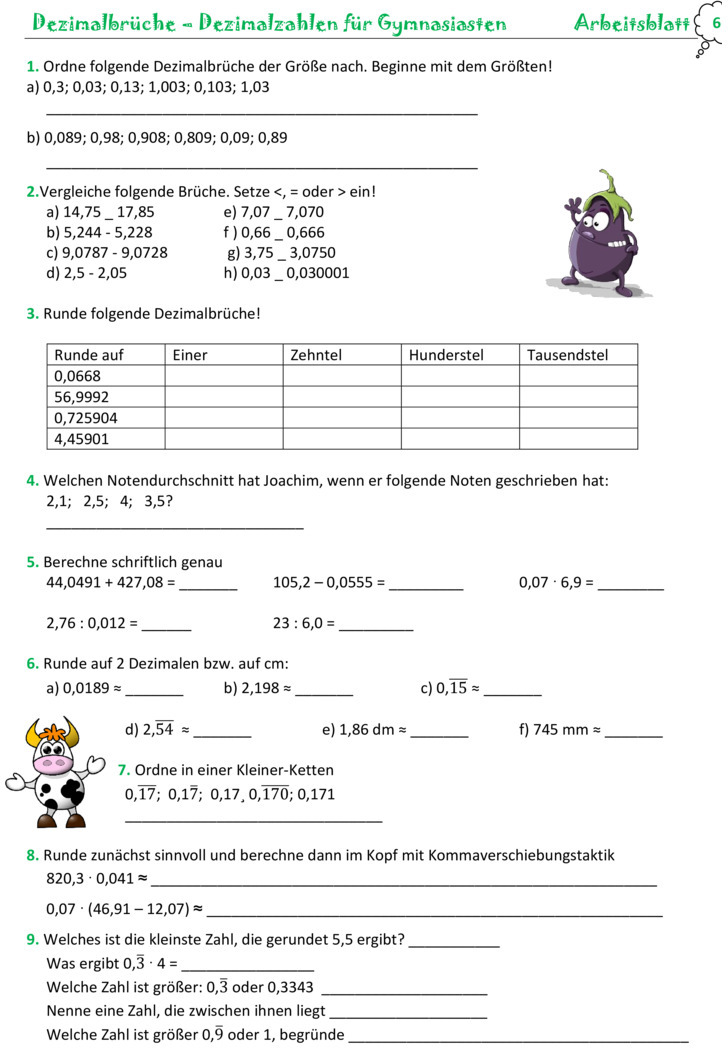 Übungsblatt zu Dezimalzahlen