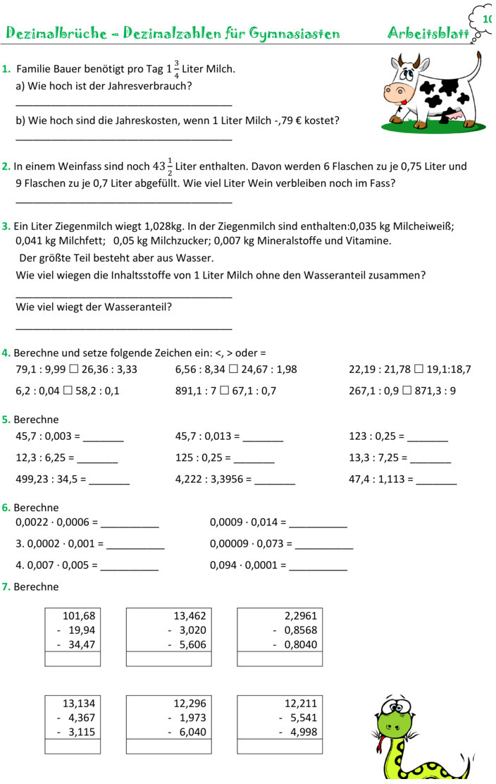 Übungsblatt zu Dezimalzahlen
