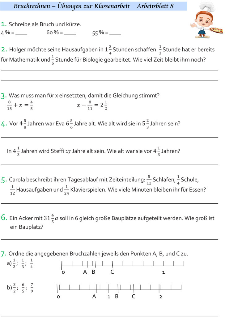 Bruchrechnen 7 Klasse übungen Mit Lösungen Übungsblatt zu Bruchrechnen