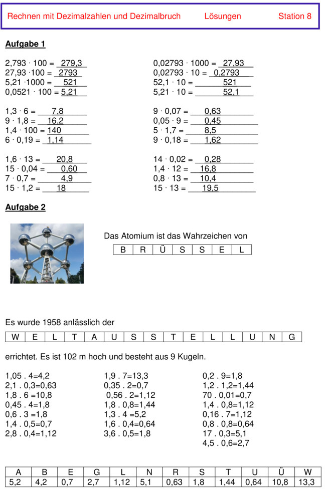 Übungsblatt zu Dezimalzahlen