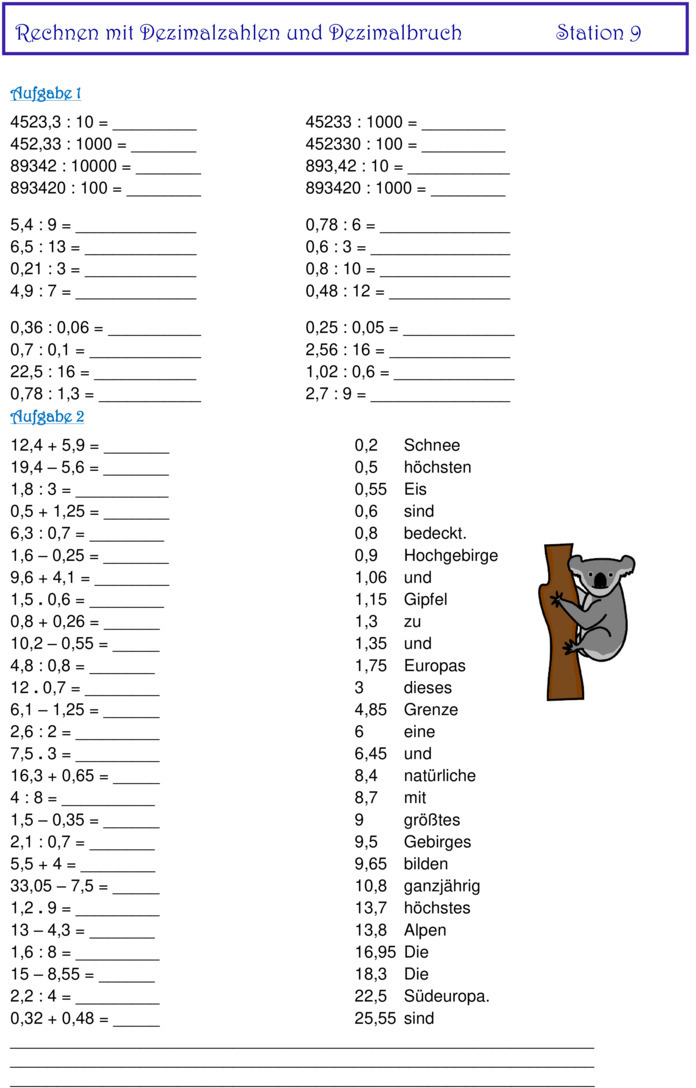 Übungsblatt zu Dezimalzahlen