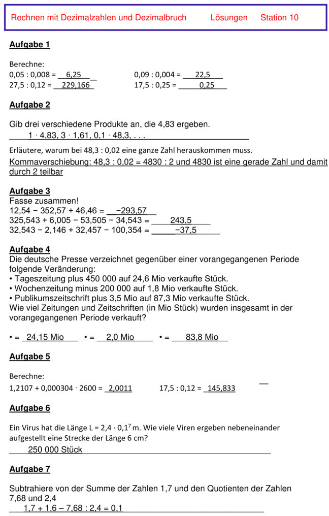 Dezimalzahlen Dividieren übungen Mit Lösungen Pdf Übungsblatt zu Dezimalzahlen