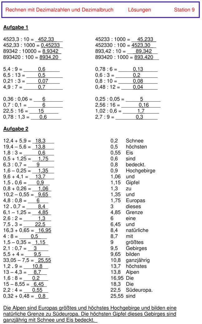 Dezimalzahlen Dividieren übungen Mit Lösungen Pdf Übungsblatt zu Dezimalzahlen