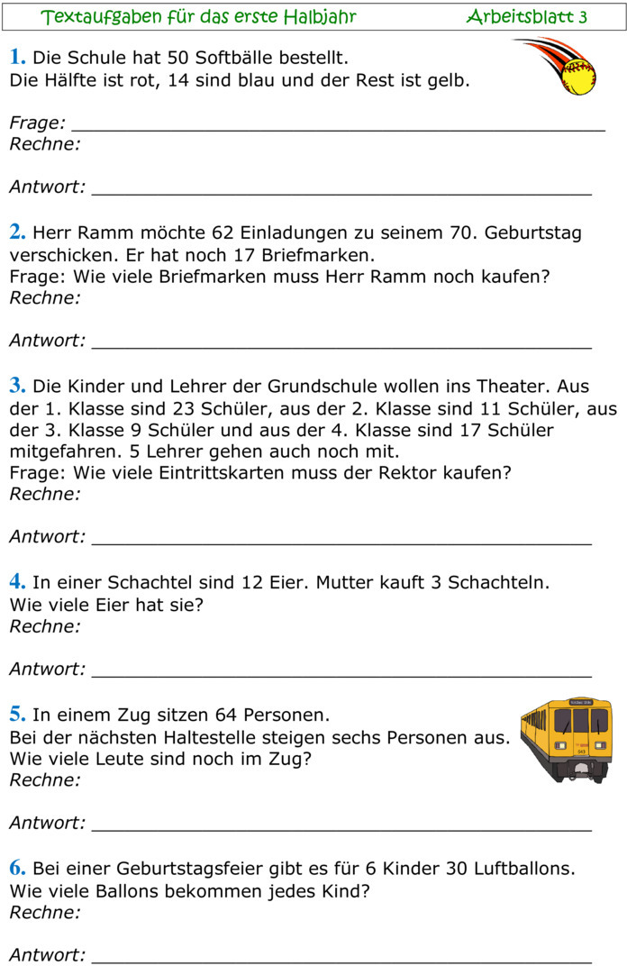 Übungsblatt zu Textaufgaben [Mathe 2. Klasse]