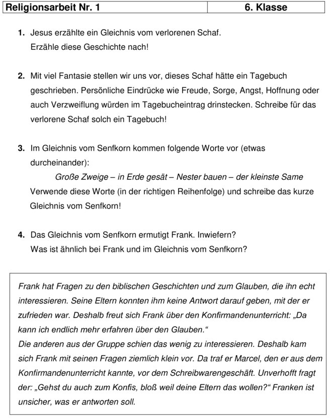 Klassenarbeit zu Gleichnisse