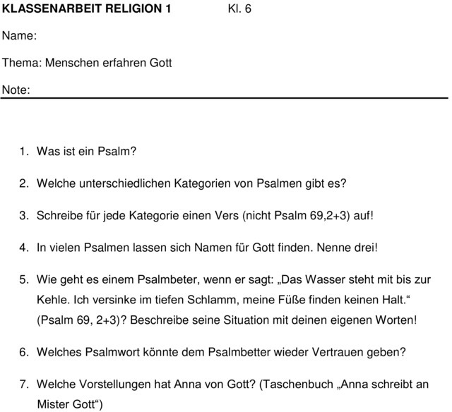 Klassenarbeit zu Psalmen