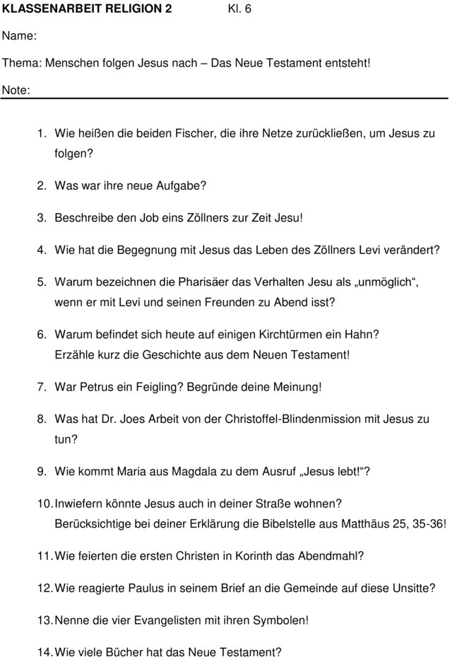 Klassenarbeit zu Jesus