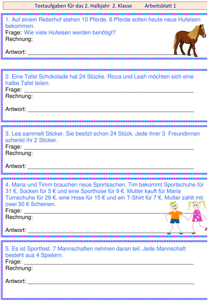 Übungsblatt zu Textaufgaben [Mathe 2. Klasse]