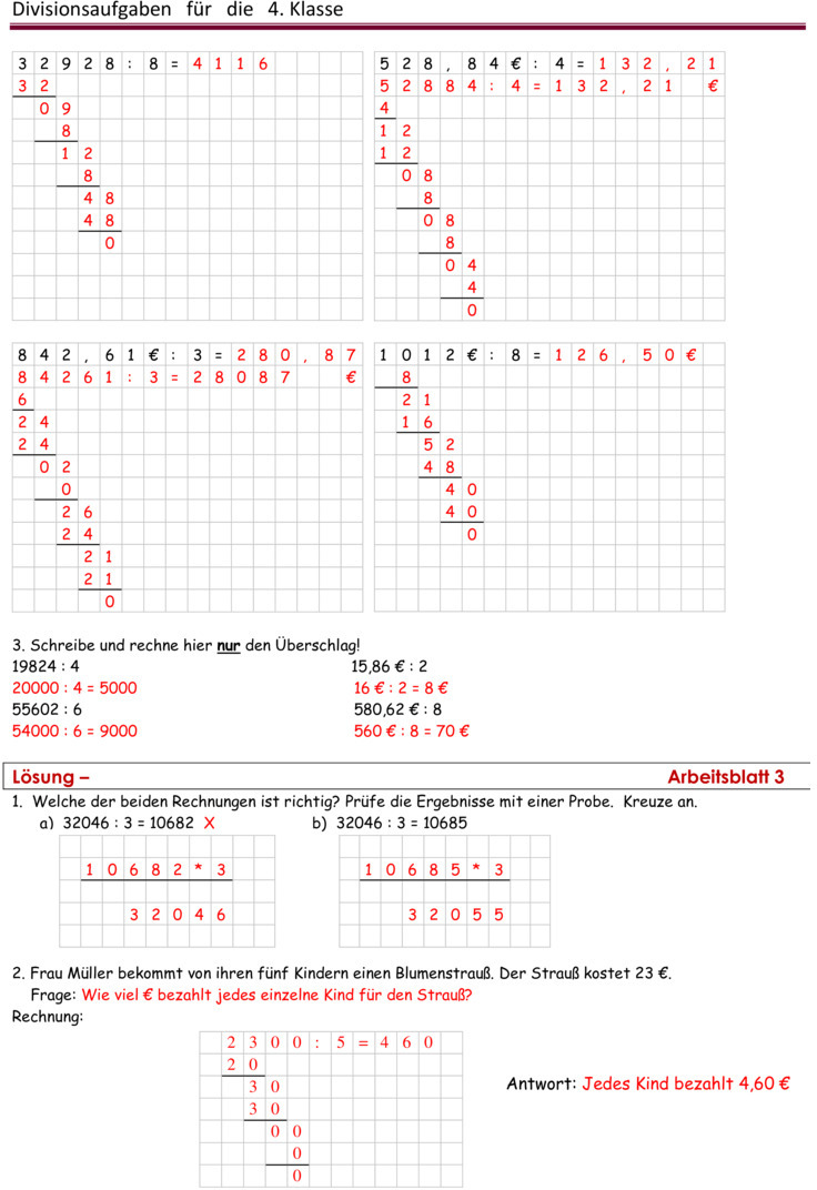 Übungsblatt zu Schriftliche Multiplikation und Division