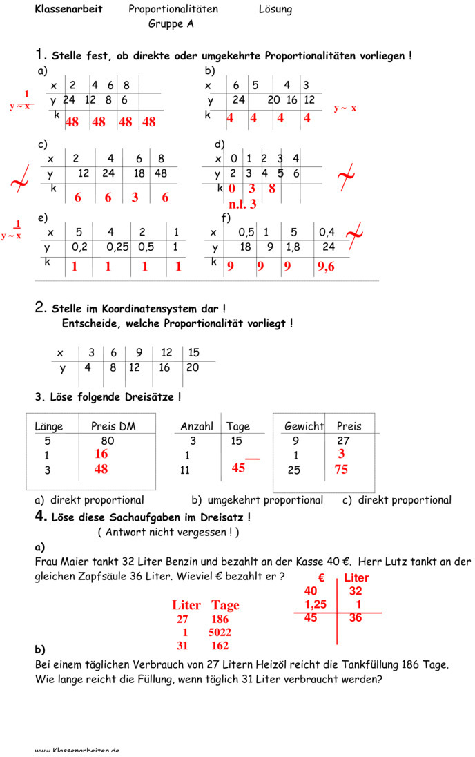 Proportionale Und Antiproportionale Zuordnungen Aufgaben Mit Lösungen Klasse 7 Klassenarbeit zu Proportionale Zuordnungen