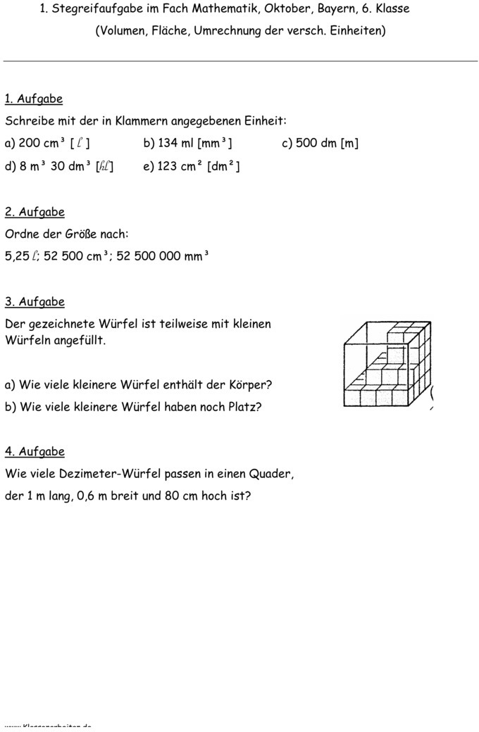 Klassenarbeit zu Flächen und Volumen