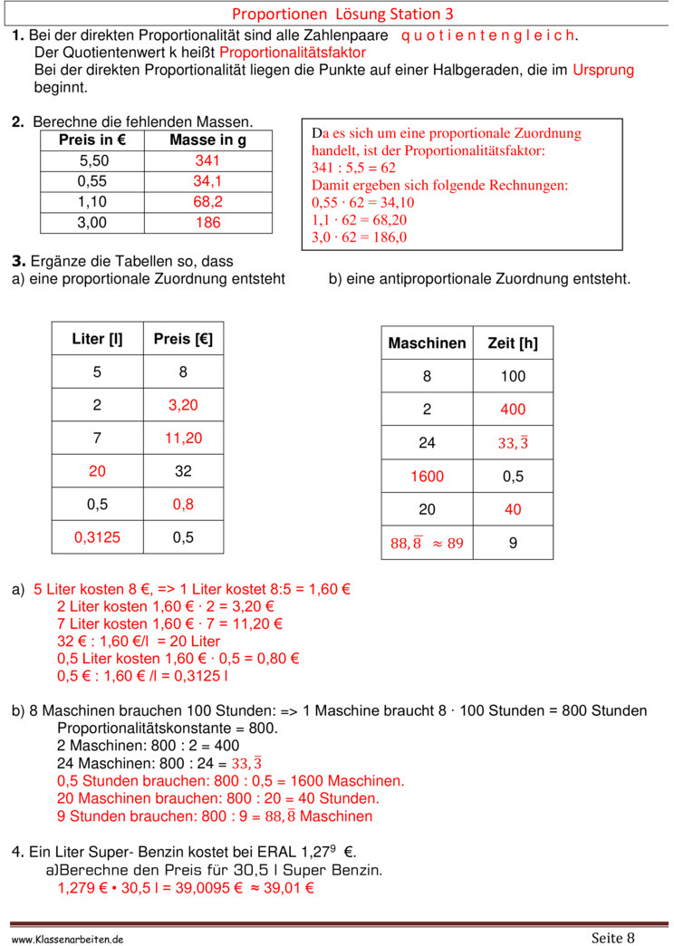 Proportionale Zuordnungen Aufgaben Mit Lösungen Klasse 7 Pdf Übungsblatt zu Proportionale Zuordnungen