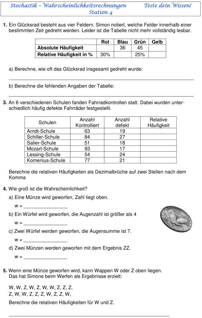 Häufigkeit Und Wahrscheinlichkeit Klasse 4 Übungsblatt zu Wahrscheinlichkeit