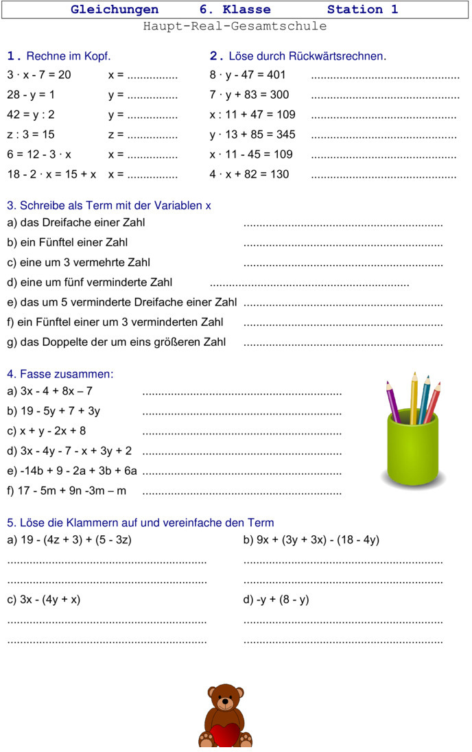 Übungsblatt zu Gleichungen [6. Klasse]