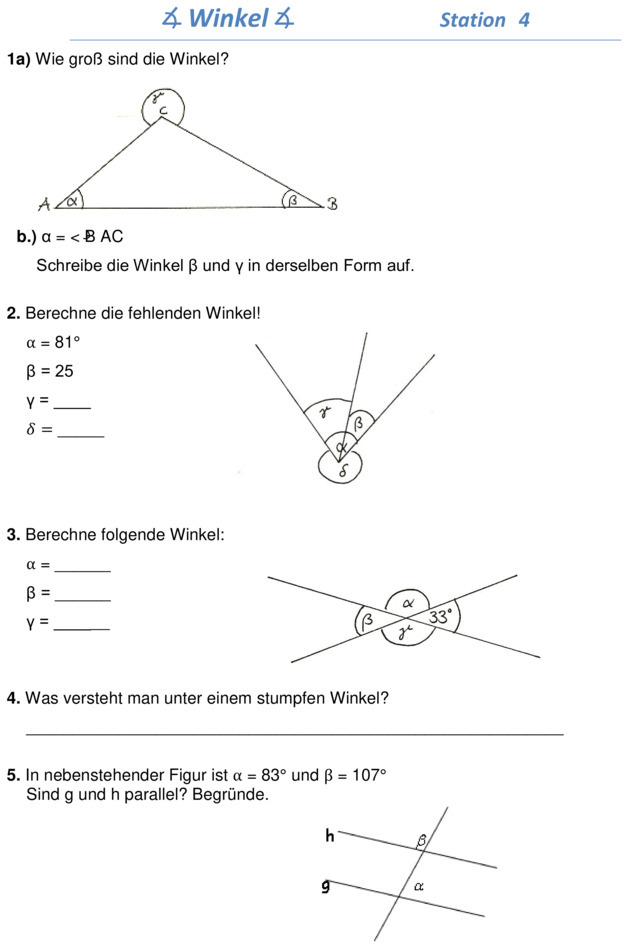 Übungsblatt zu Winkel