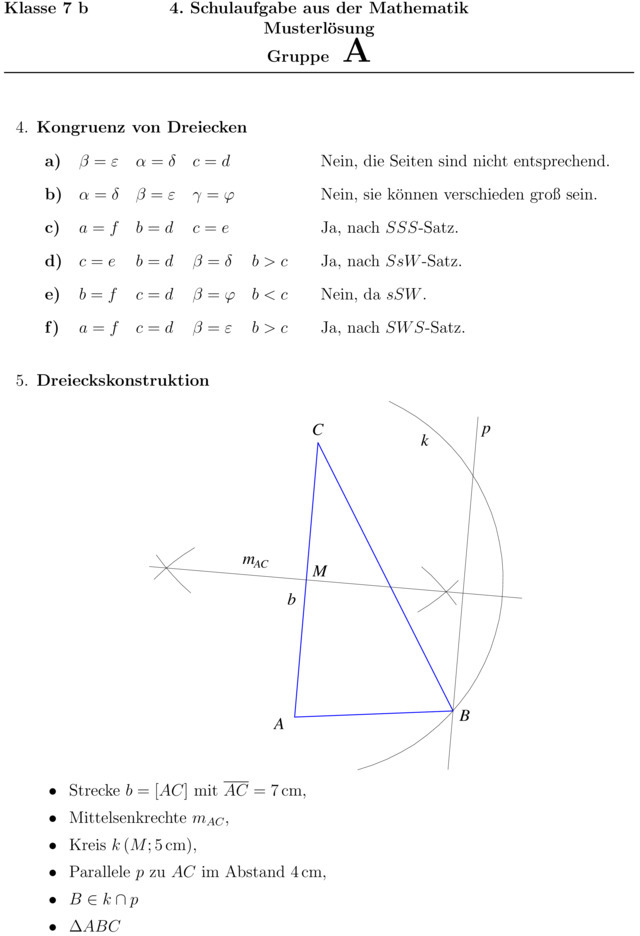 Klassenarbeit zu Geometrie 7 Klasse