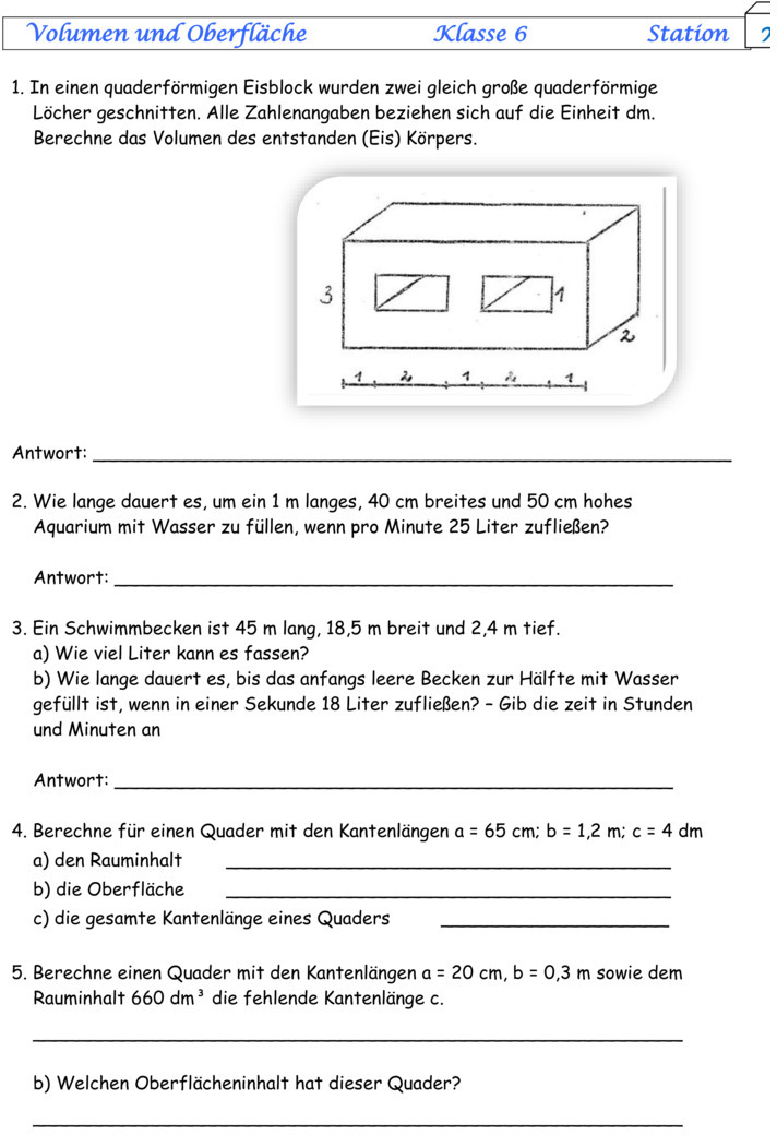 Übungsblatt zu Flächen und Volumen