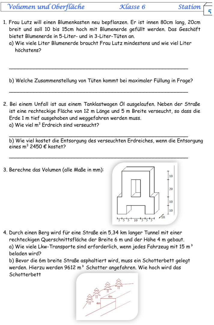 Übungsblatt zu Flächen und Volumen
