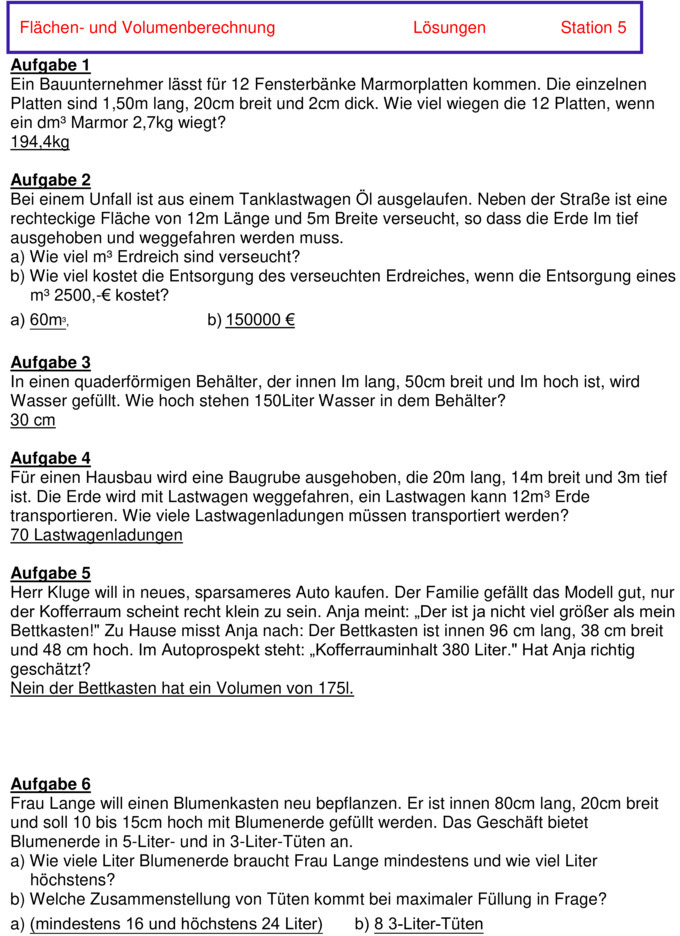 Übungsblatt zu Flächen und Volumen