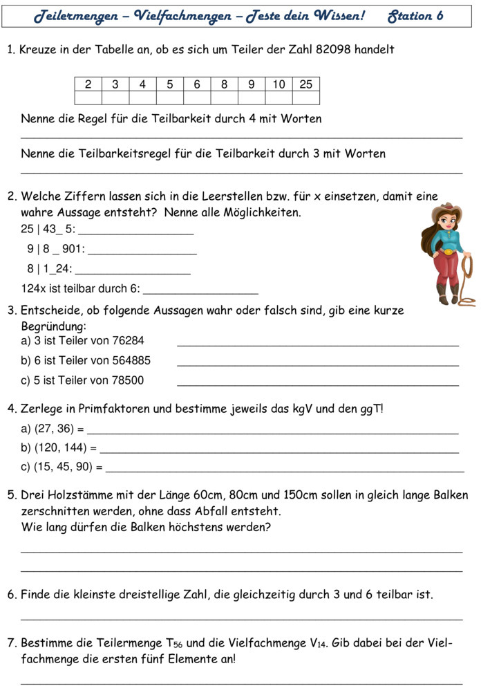 Übungsblatt zu Teiler und Vielfache Übungsblatt zu Teiler und Vielfache